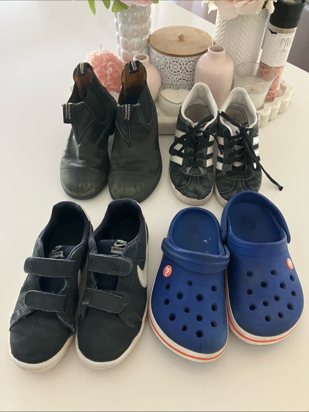 Boys size 2 Shoe lot. 1 Blundstone boots, 1 Cros , 1 Adidas Gazelle , 1 Nike